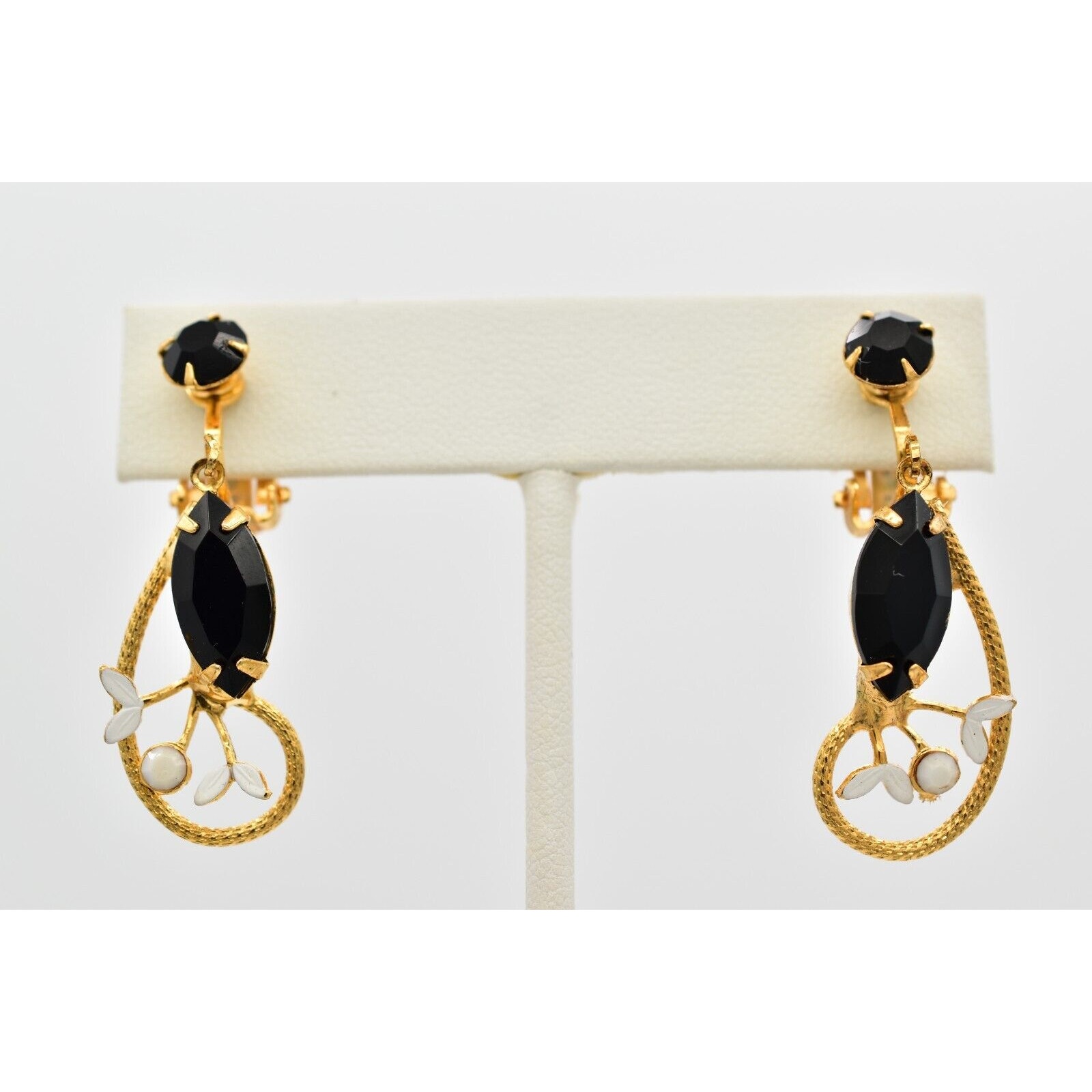 Vintage Crystal Clip On Earrings Marquise Black Prong Rhinestone Gold Nos 60s 9c